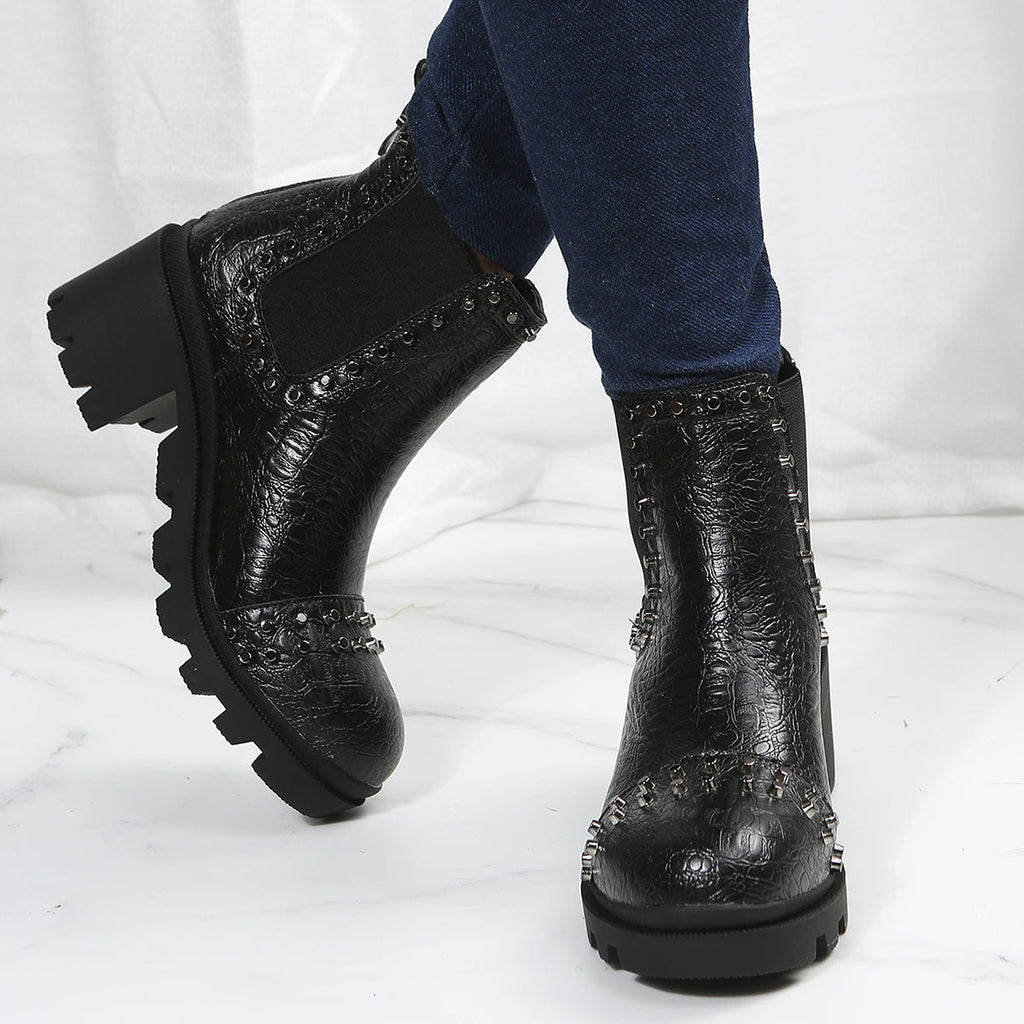 Susiecloths Rivet Decor Lug Sole Ankle Boots Slip on Block Heel Chelsea Booties