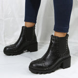 Susiecloths Rivet Decor Lug Sole Ankle Boots Slip on Block Heel Chelsea Booties