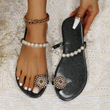 Susiecloths Pearl Toe Ring Slip on Flat Slippers Slide Sandals