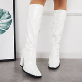 Susiecloths Patent Leather Square Toe Block Chunky Heel Knee High Boots