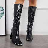 Susiecloths Patent Leather Square Toe Block Chunky Heel Knee High Boots