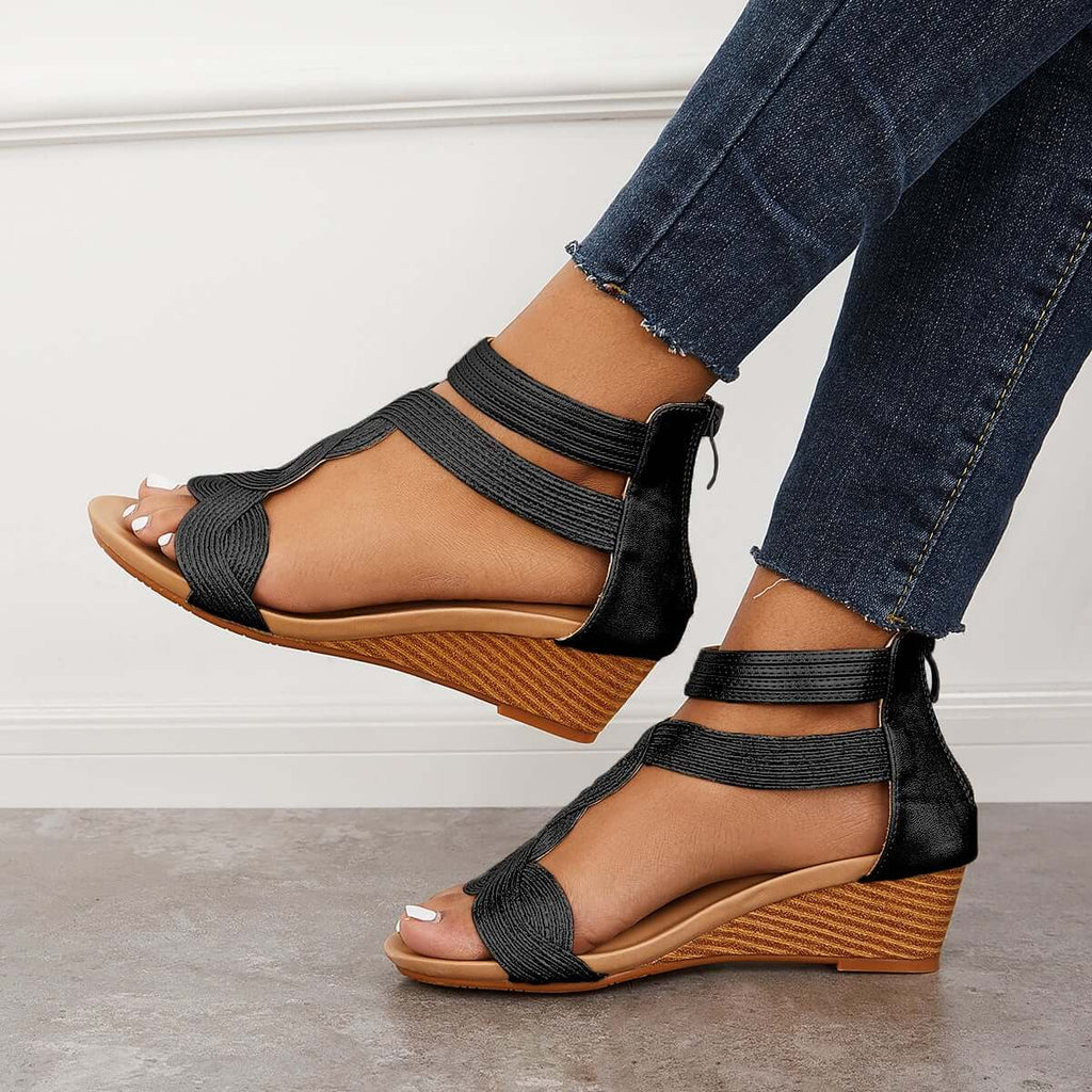 Susiecloths Casual T-Strap Wedge Sandals Back Zipper Ankle Strap Shoes