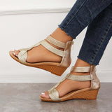 Susiecloths Casual T-Strap Wedge Sandals Back Zipper Ankle Strap Shoes