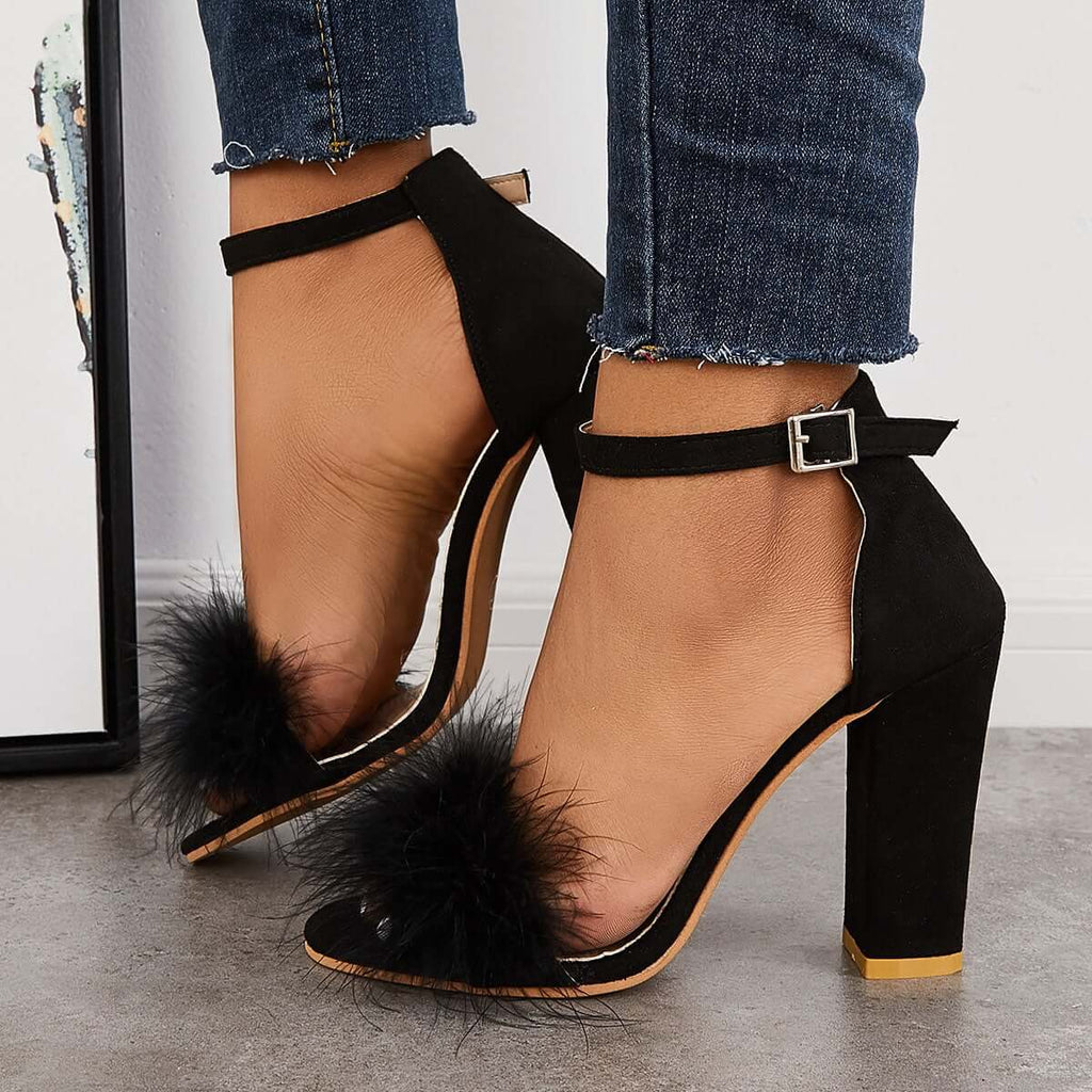 Suisecloths Fluffy Chunky Block High Heel Sandals Ankle Strap Dress Pumps