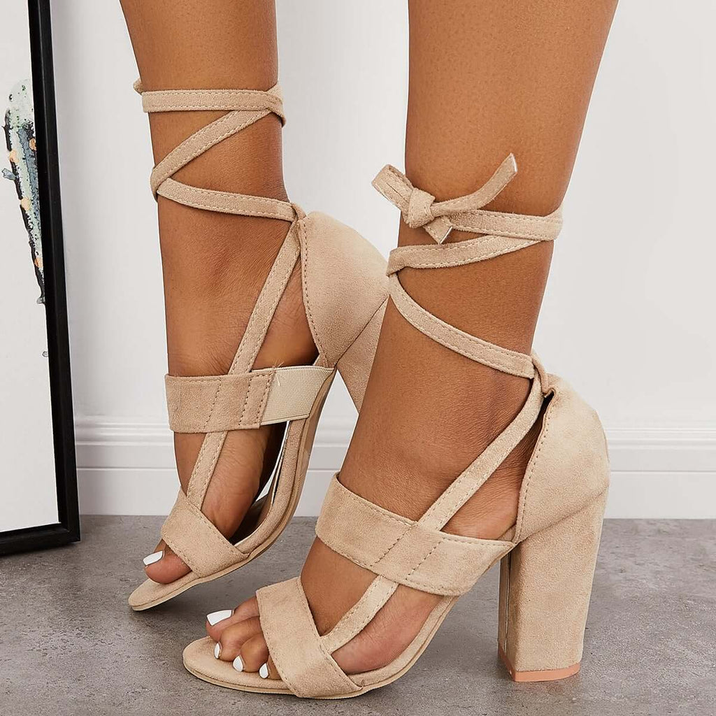 Susiecloths Lace Up Chunky Block High Heel Sandals Ankle Strap Dress Heels