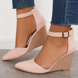 Suisecloths Classic Ankle Strap Wedges Pointed Toe Stacked Heel Dress Pumps