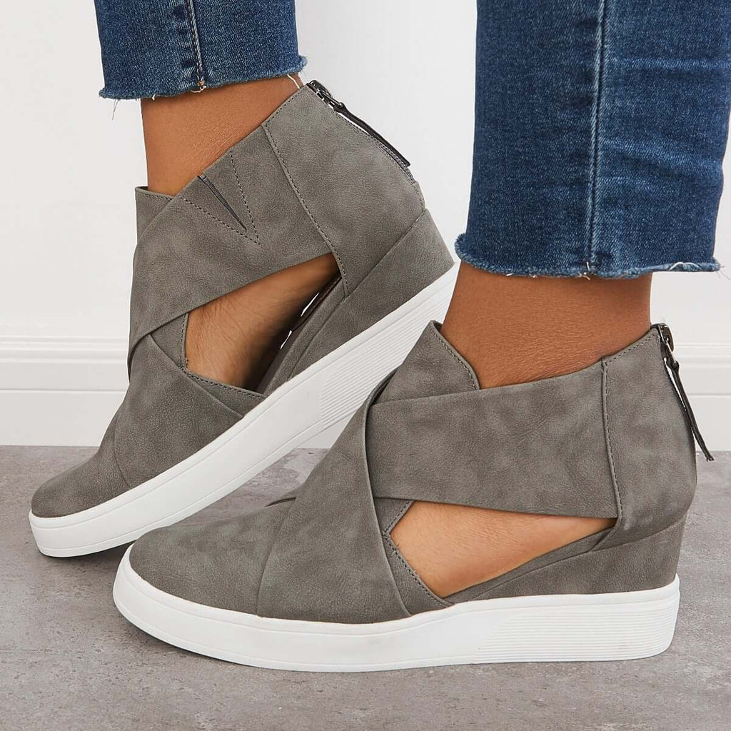 Suisecloths Casual Wedge Sneakers Platform Crisscross Cut Out Shoes