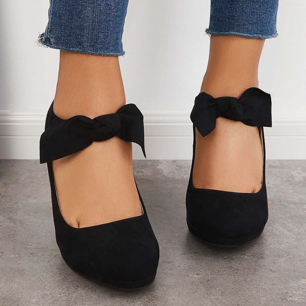Susiecloths Thick Heel Pumps Bowknot Round Toe Ankle Strap Heels