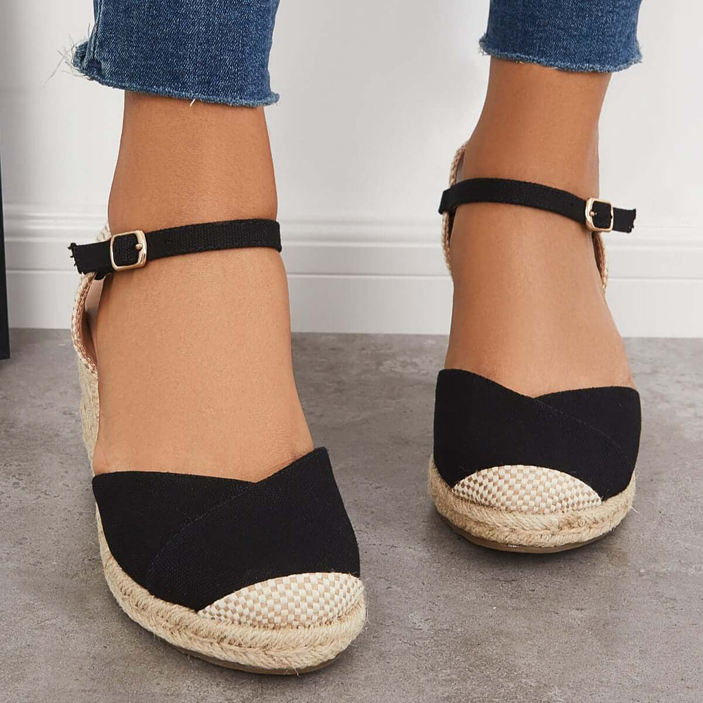 Suisecloths Closed Toe Espadrilles Wedge Ankle Strap Sandals