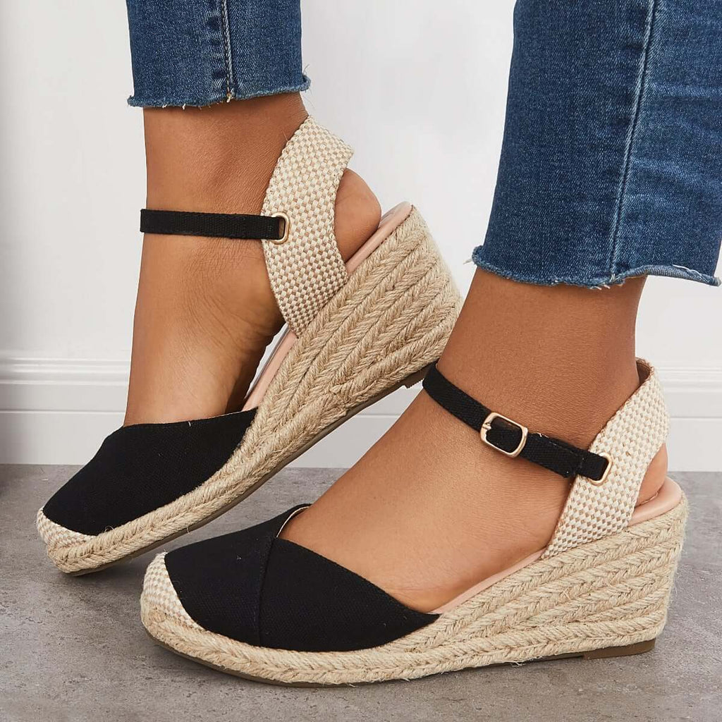 Suisecloths Closed Toe Espadrilles Wedge Ankle Strap Sandals