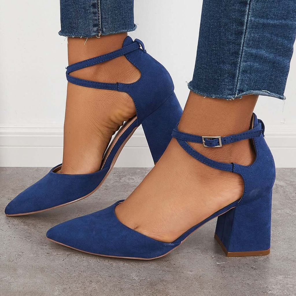 Suisecloths Chunky Block Low Heel Pumps Pointed Toe Ankle Strap Heels
