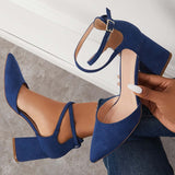 Suisecloths Chunky Block Low Heel Pumps Pointed Toe Ankle Strap Heels