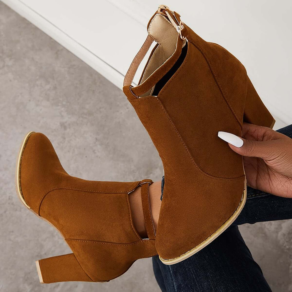 Susiecloths Suede Chunky Heel Ankle Boots Back Zipper Dress Booties