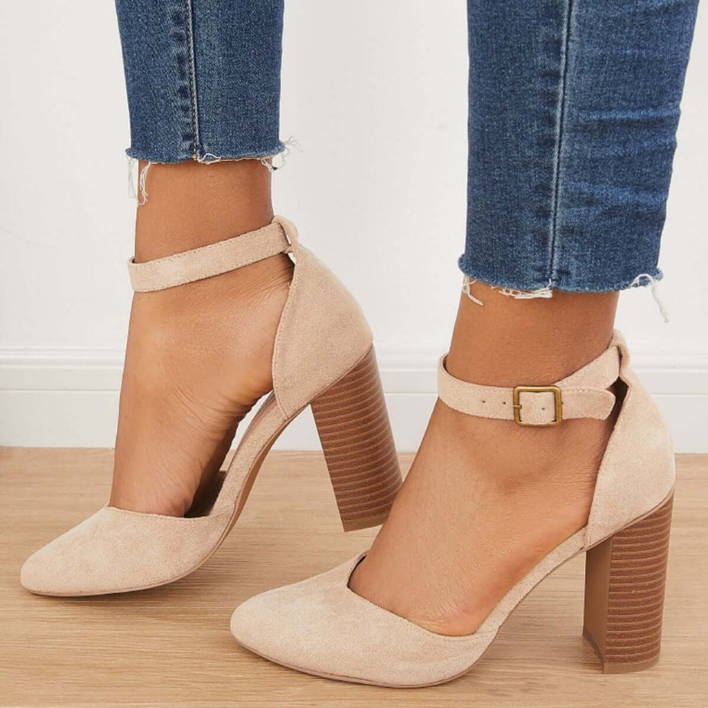 Suisecloths Casual Chunky Block High Heel Pumps Pointed Toe Ankle Strap Heels