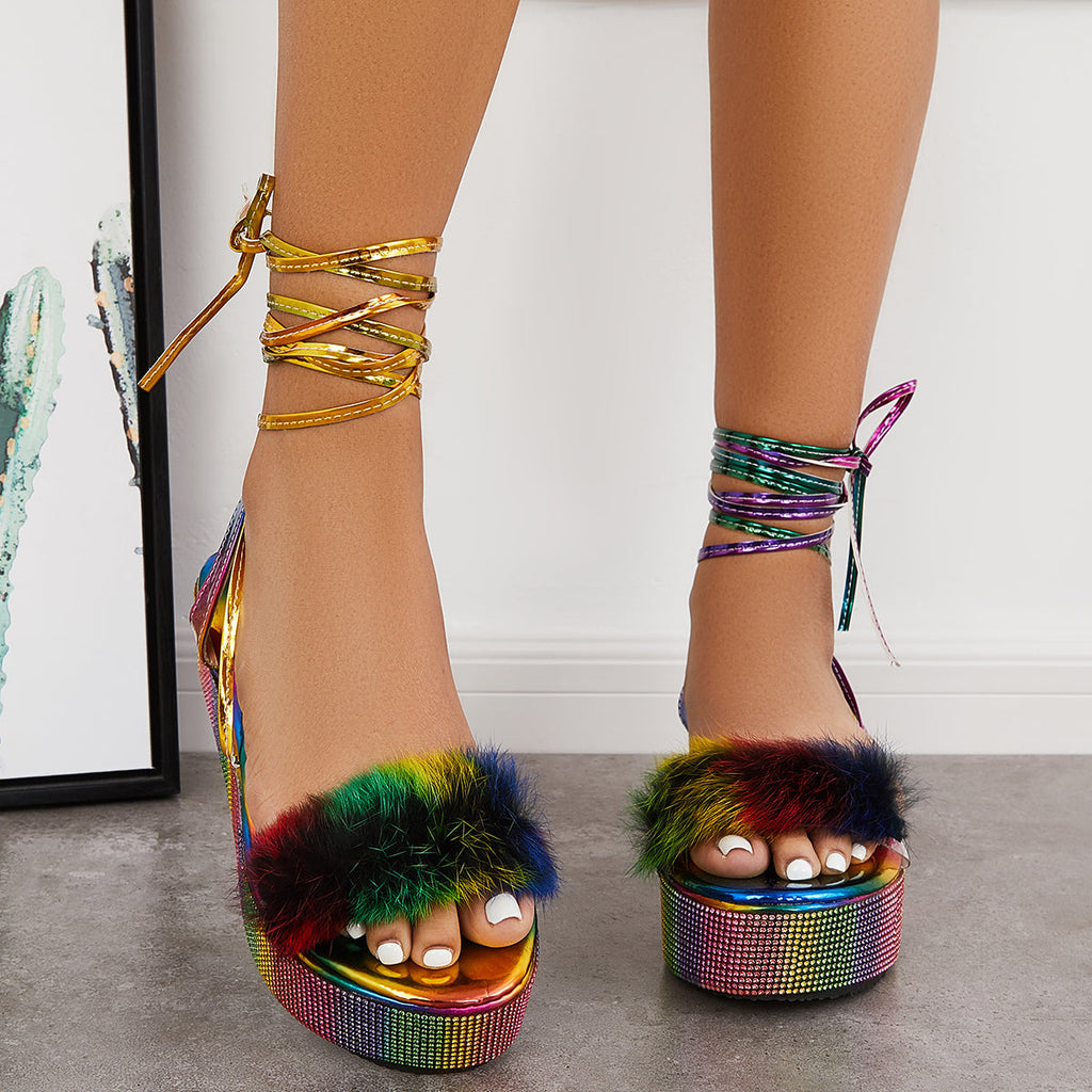 Susiecloths Glitter Open Toe Lace Up Platform Heel Ankle Strap Sandals