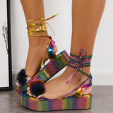 Susiecloths Glitter Open Toe Lace Up Platform Heel Ankle Strap Sandals