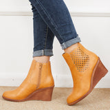 Susiecloths Hollow Ankle Boots Closed Toe Stacked Wedge Heel Booties