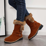 Susiecloths Warm Fur Mid Calf Snow Boots Block Heel Furry Winter Booties