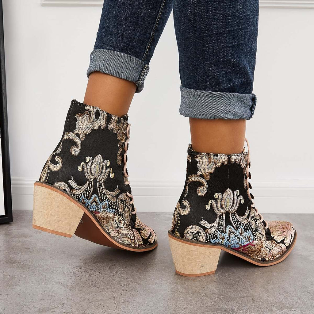 Susiecloths Retro Embroidered Cowboy Ankle Boots Block Heel Western Booties