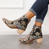 Susiecloths Retro Embroidered Cowboy Ankle Boots Block Heel Western Booties