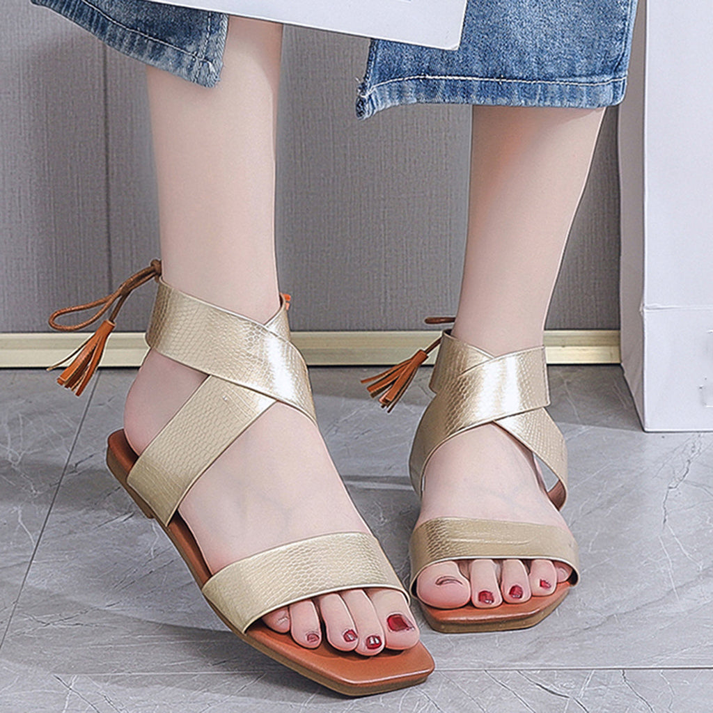 Susiecloths Strappy Lace Up Sandals Square Toe Criss Cross Flat Sandals