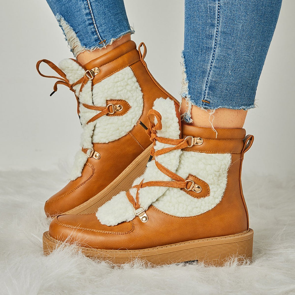 Susiecloths Women Faux Shearling Stiching Lace Up Snow Boots
