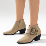 Susiecloths Buckle Side Zipper Ankle Boots Pointed Toe Chunky Heel Booties