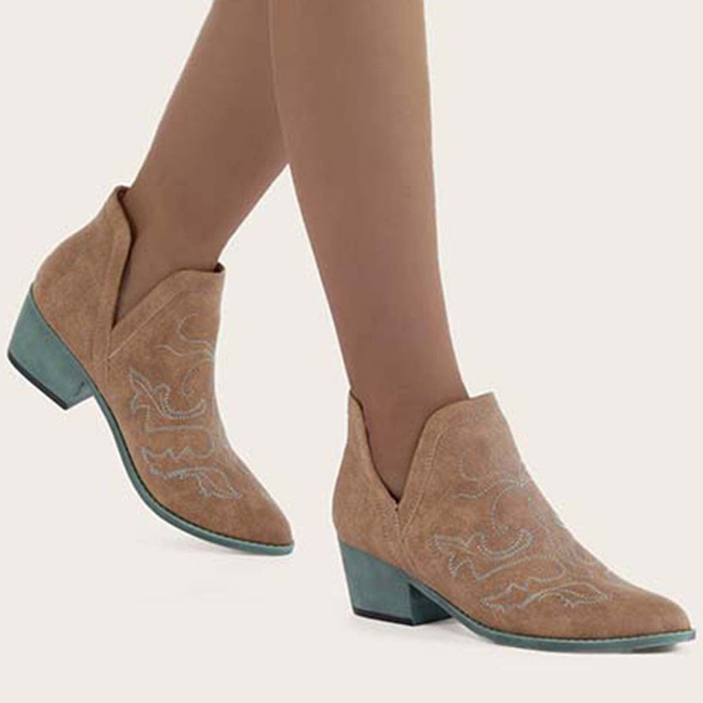 Susiecloths Embroidered V Cutout Western Ankle Boots Chunky Heel Booties