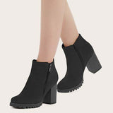 Susiecloths Black Chunky Heel Booties Round Toe Side Zip Ankle Boots