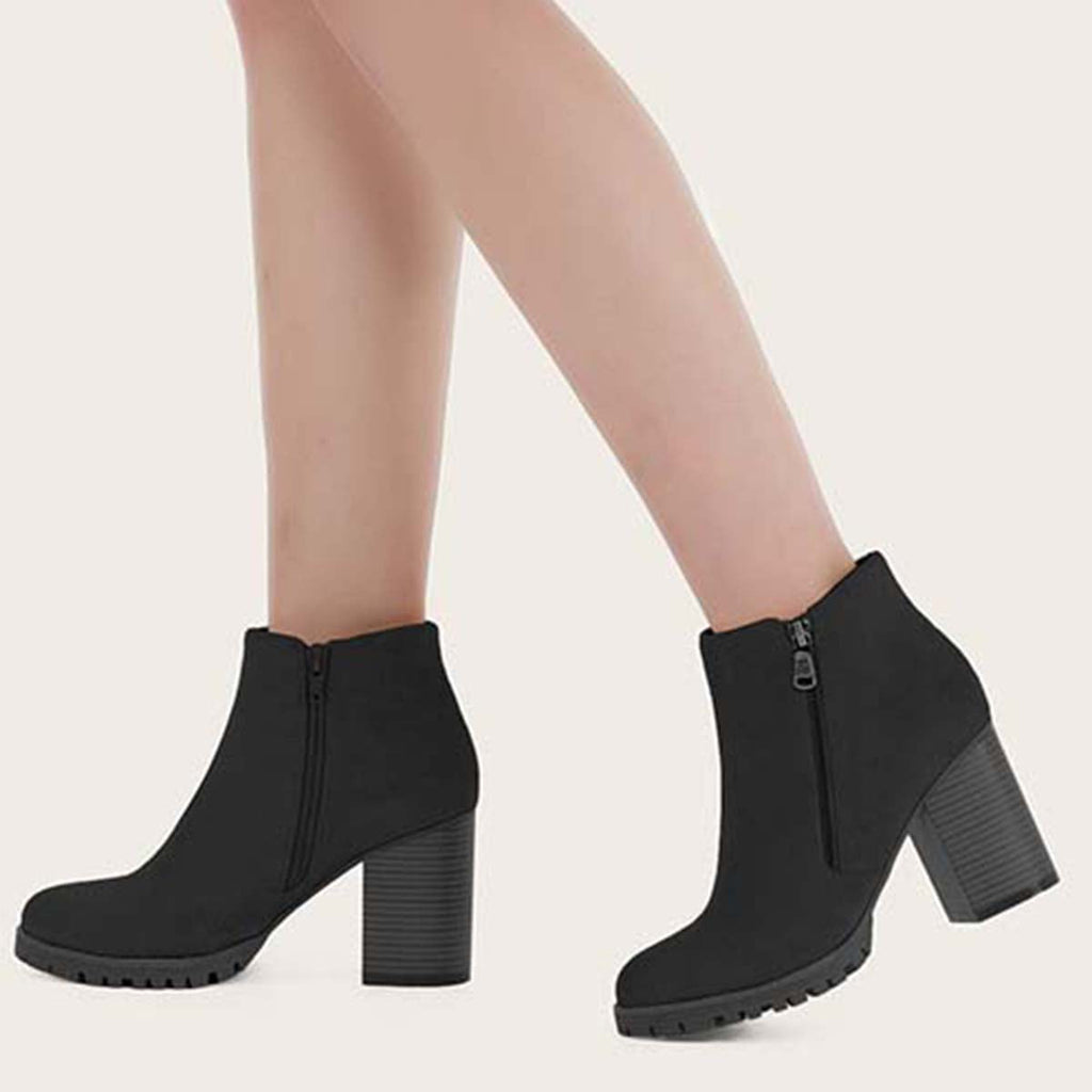 Susiecloths Black Chunky Heel Booties Round Toe Side Zip Ankle Boots