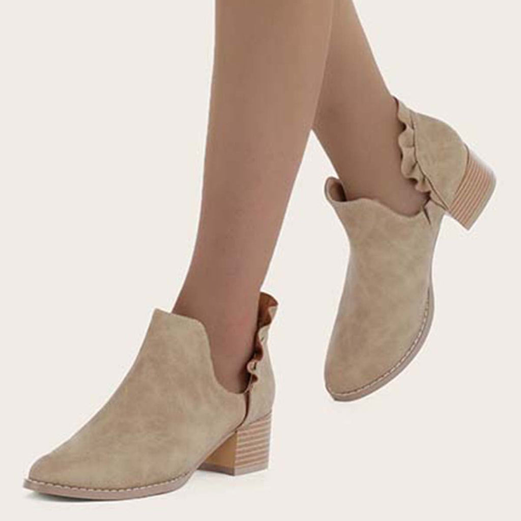 Susiecloths Ruffle Cutout Ankle Boots Slip on Chunky Stacked Heel Booties