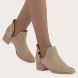 Susiecloths Ruffle Cutout Ankle Boots Slip on Chunky Stacked Heel Booties