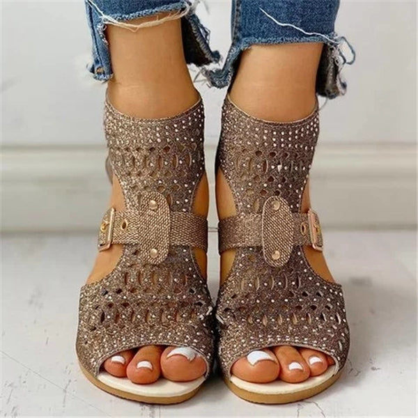 Susiecloths Studded Hollow Out Peep Toe Buckled Sandals