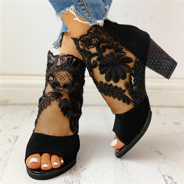 Susiecloths Lace Mesh Insert Chunky Heeled Sandals