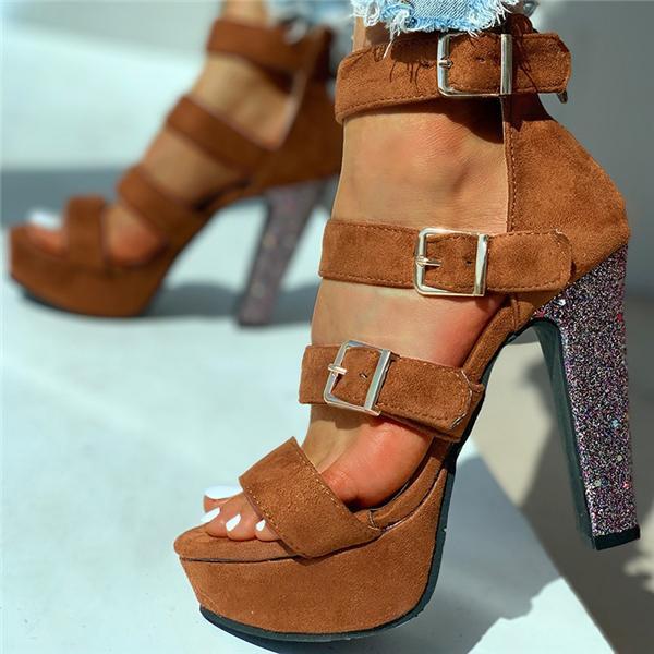 Susiecloths Eyelet Buckled Open Toe Chunky Heeled Sandals