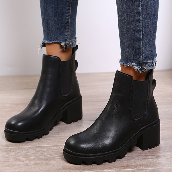 Susiecloths Faux Leather Chelsea Chunky Heel Ankle Boots Lug Sole Booties