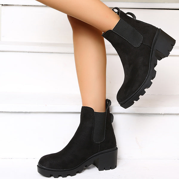 Susiecloths Black Chelsea Lug Sole Ankle Boots Pull On Low Heel Booties