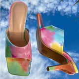 Susiecloths Multicolor Square Toe Mule Sandals Slip on Kitten Heel Slippers