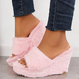 Susiecloths Faux Fur Wedge Slippers Furry Platform High Heel Slide Shoes