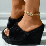 Susiecloths Round Toe Fluffy Wedge Slippers