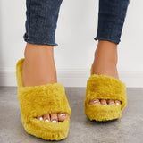Susiecloths Faux Fur Wedge Slippers Furry Platform High Heel Slide Shoes