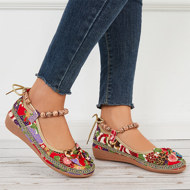 Susiecloths Floral Print Low Wedges Beaded Ankle Straps Casual Shoes