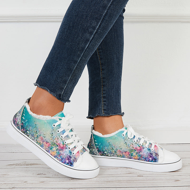 Susiecloths Floral Low Top Canvas Sneakers Lace Up Flats Walking Shoes
