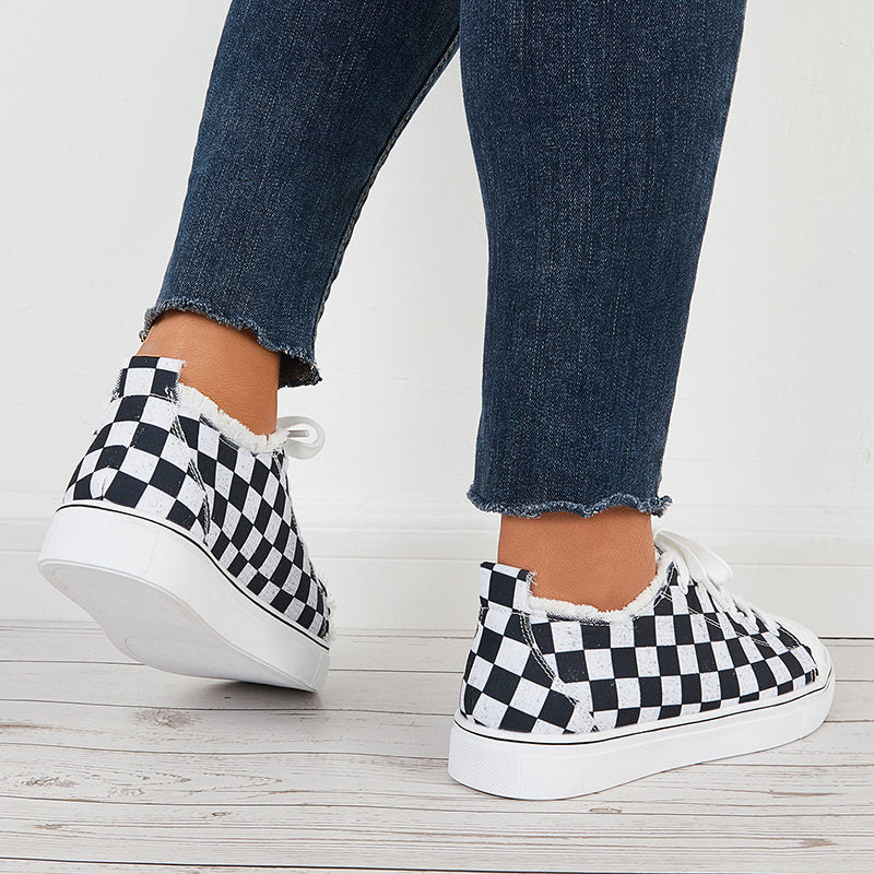 Susiecloths Plaid Canvas Casual Shoes Low Top Flat Sneakers Walking Shoes
