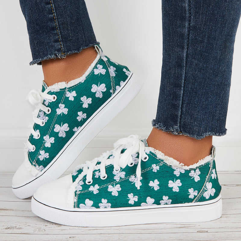 Susiecloths Floral Print Lace Up Canvas Shoes Flat Walking Sneakers