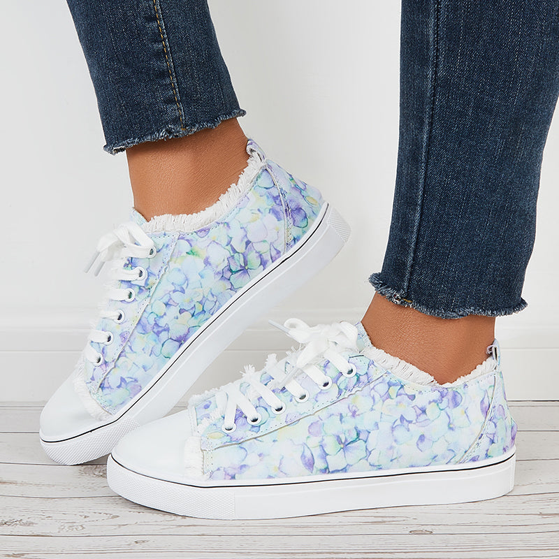 Susiecloths Floral Print Low Top Canvas Sneakers Flat Walking Shoes