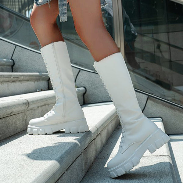 Susiecloths Lace Up Platform Heel Knee High Boots Lug Sole Combat Boots