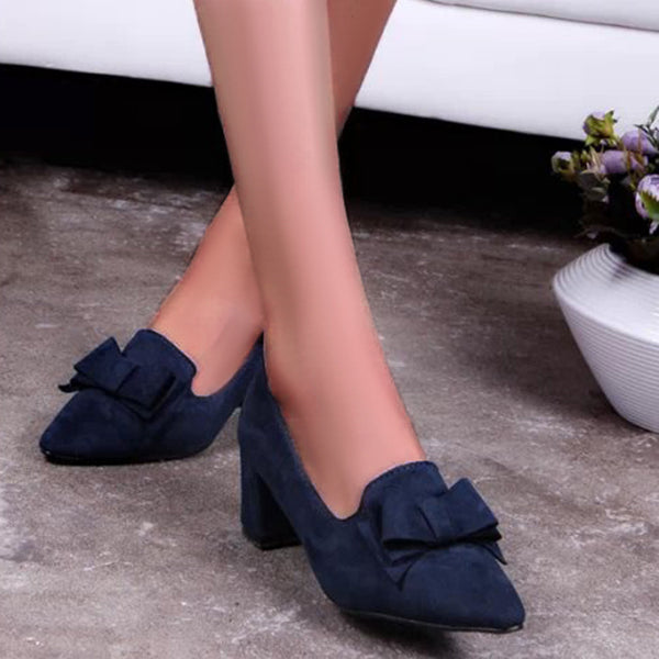 Susiecloths Suede Block Heel Pumps Bowknot Round Toe Slip on Dress Shoes