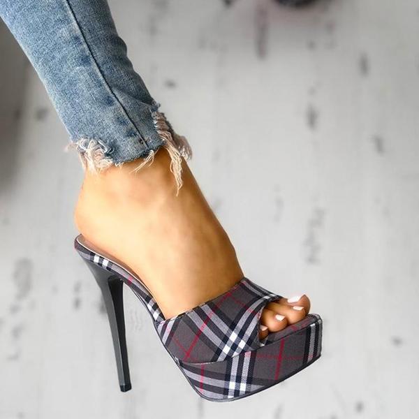 Susiecloths Women's Peep Toe Plaid Slip-on Stilettos Thin Heels
