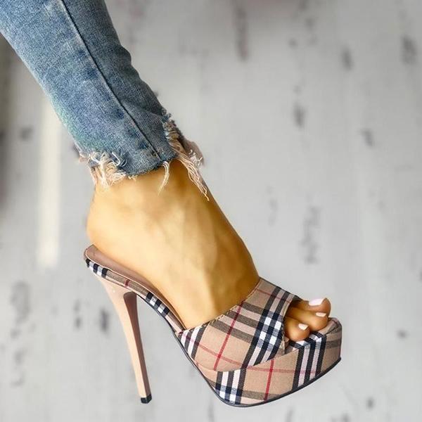 Susiecloths Women's Peep Toe Plaid Slip-on Stilettos Thin Heels